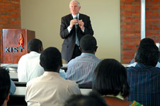 Intel Corporation chairman Craig Barrett addresses students of the Kigali Institute of Science and Technology